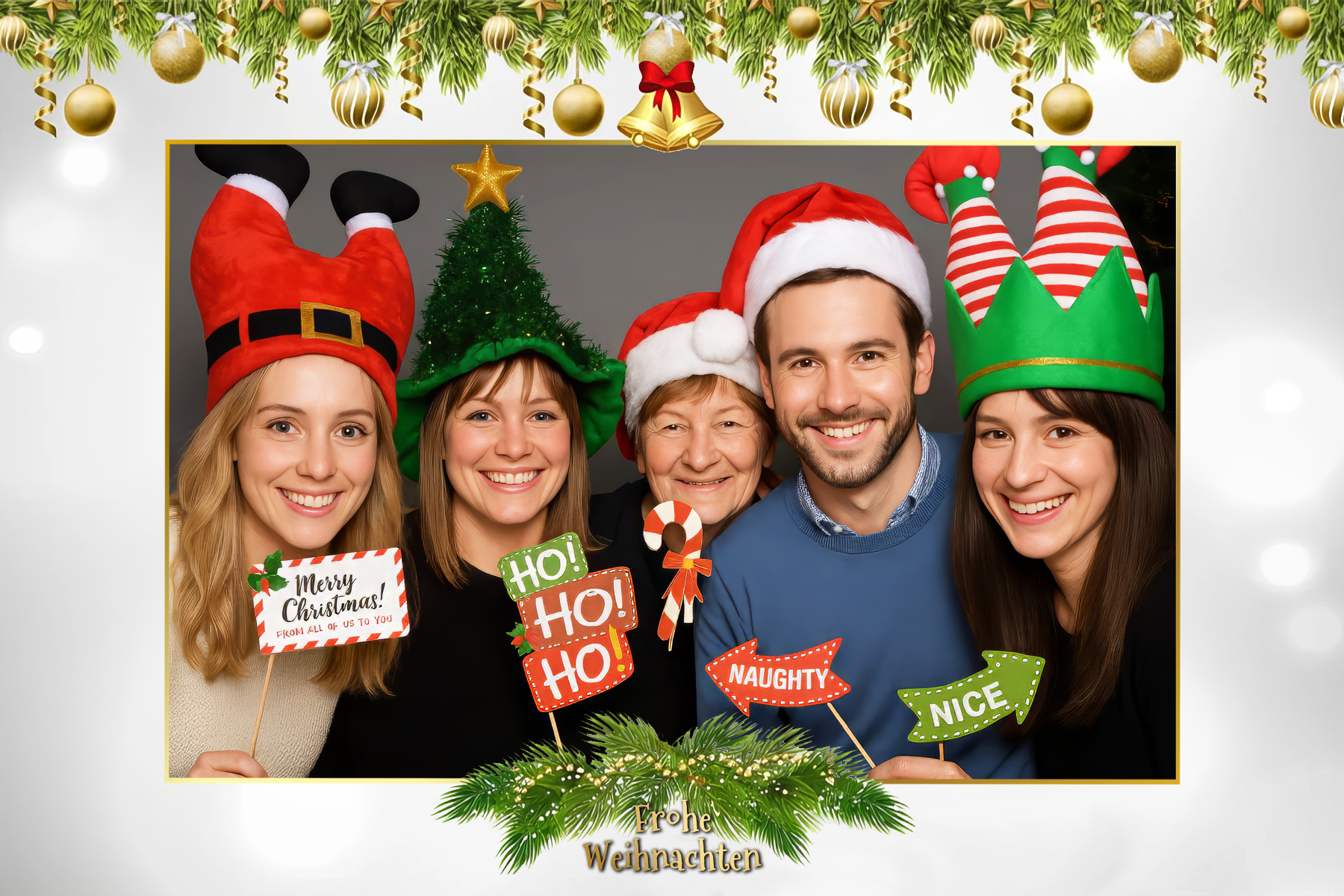 Weihnachtsfeier im Saarland: Gäste lachen und posieren in der Cubis Eventfotobox in Saarbrücken