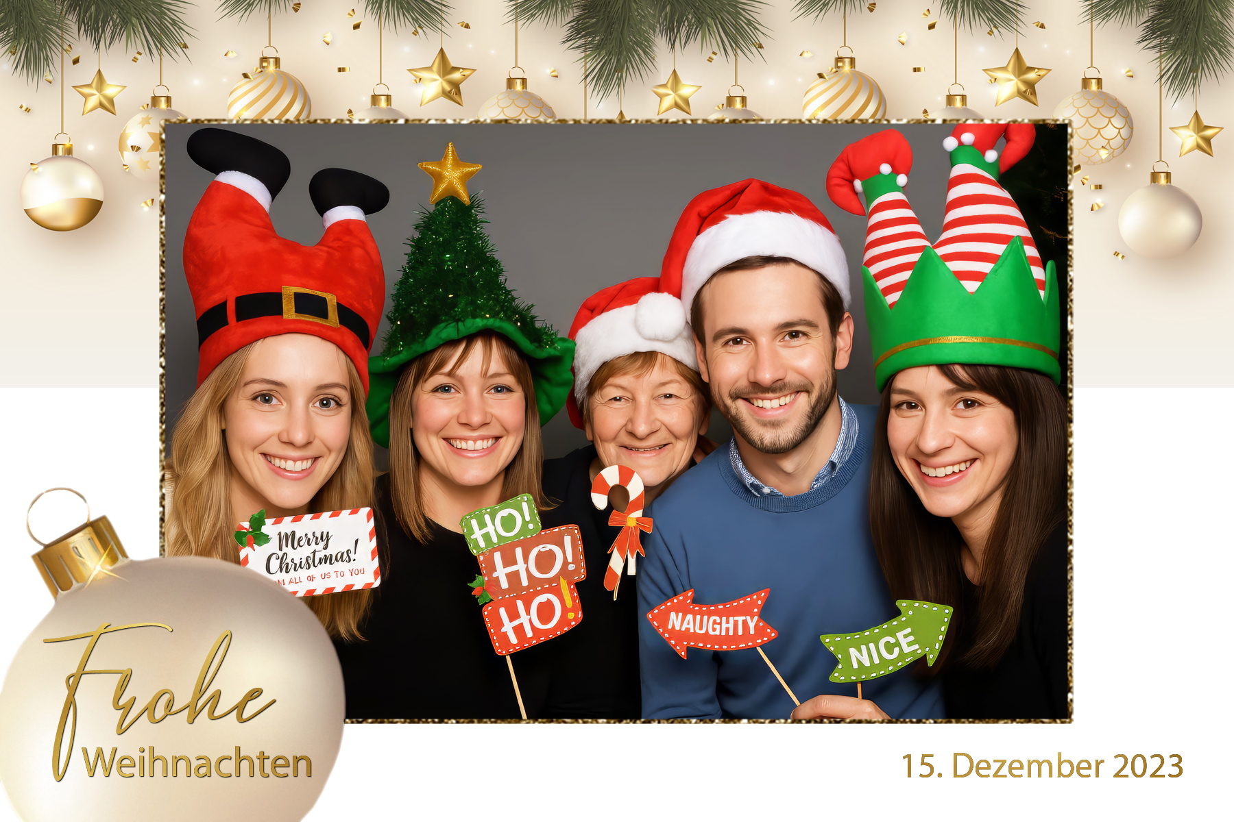 Gäste einer Weihnachtsfeier posieren mit lustigen Accessoires in der Cubis Fotobox aus dem Saarland
